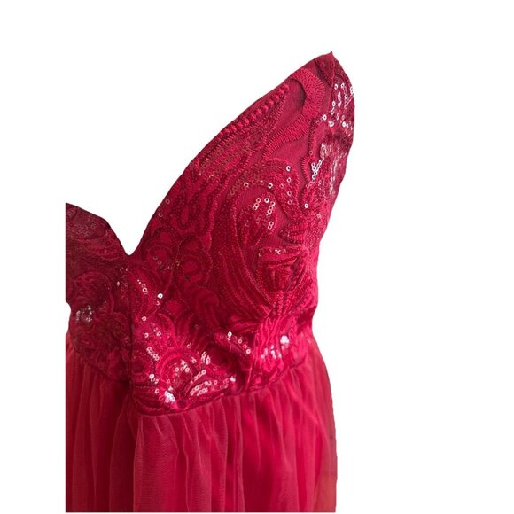 Fashion Nova Dress Cherry Red Ayana Corset Sequin Tulle Mesh Overlay Double Slit - Picture 7 of 16